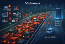 الصورة تجسّد هجوم DDoS على هيئة طريق سريع مزدحم