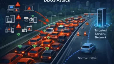 الصورة تجسّد هجوم DDoS على هيئة طريق سريع مزدحم