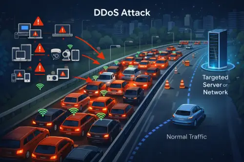 الصورة تجسّد هجوم DDoS على هيئة طريق سريع مزدحم